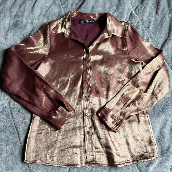 Vintage 90s - Y2K Rafaella gold/burgundy/bronze metallic satin button up large - Picture 1 of 8